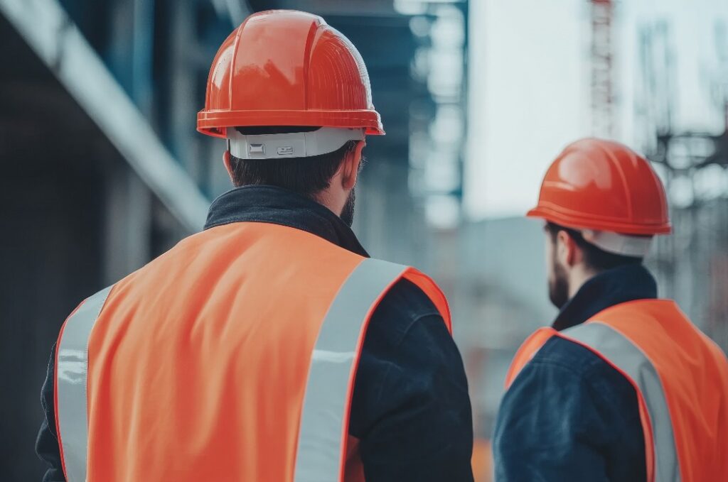 Arbeiter, die Schutzhelme und Schutzwesten tragen, wobei der Schwerpunkt auf der ordnungsgemäßen Verwendung der Schutzausrüstung auf der Baustelle liegt