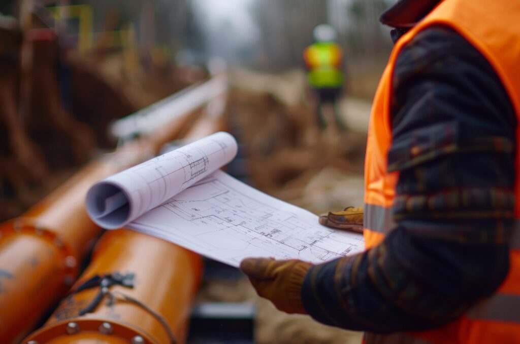 Eine Nahaufnahme eines Kanalbauingenieurs, der eine Bauzeichnung in der Hand hält, während er neu verlegte Rohre begutachtet