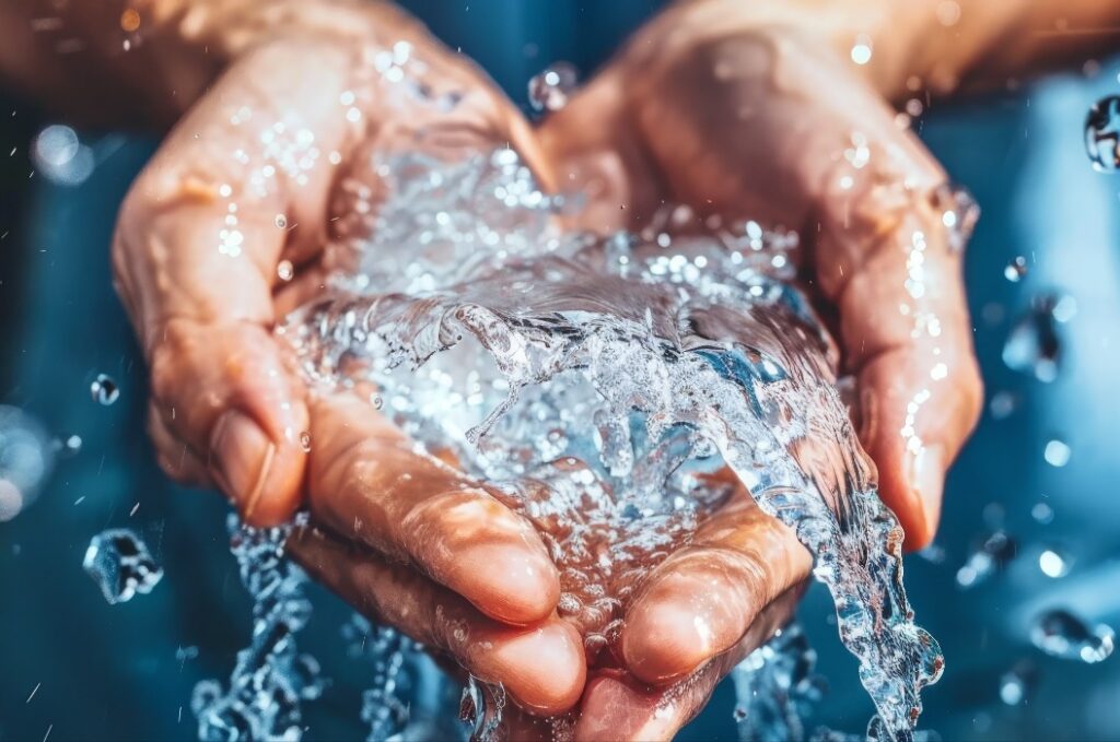 Eine Nahaufnahme von Händen, die klares, frisches Wasser in sich schütten, als Symbol für die Bedeutung des Schutzes sauberer Wasserquellen.